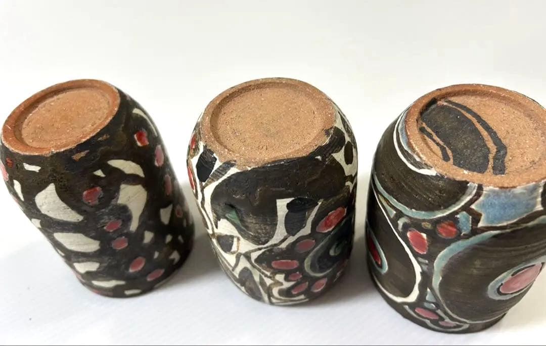手作り陶器　小粋な色柄カップ 3個セット t.u 29ハンドメイド