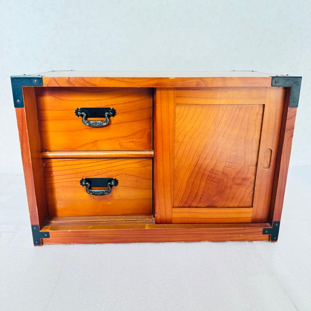 美品 天然木 小箪笥 3段 卓上収納 内装・縁起の良い赤 時代家具 アンティーク