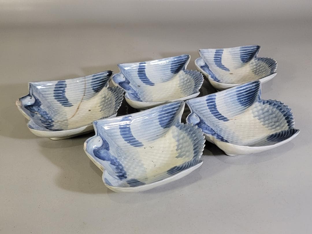 古美術 古九谷 染付 鳥型 皿 五客