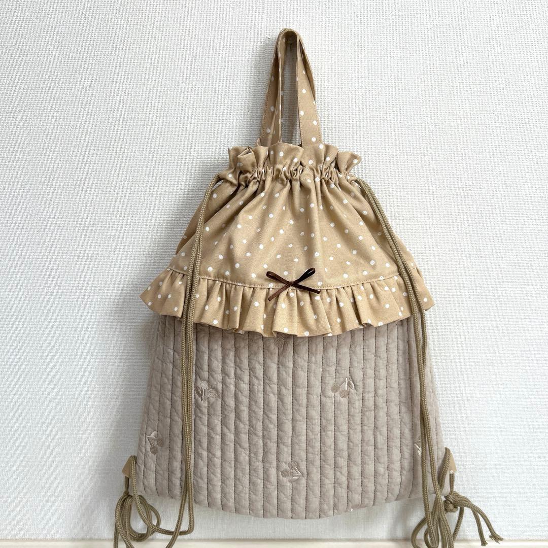 入園入学3点セット 【さくらんぼベージュヌビ】　女の子　レッスンバッグ　手提げ袋