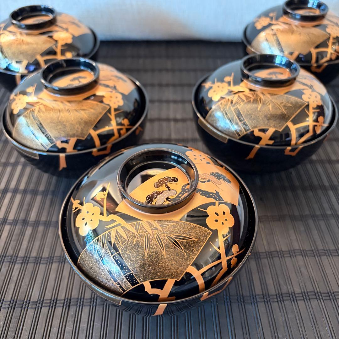 【未使用保管品】輪島塗 【天然木製 本漆塗】金彩蒔絵 松竹梅 吸物椀 5客