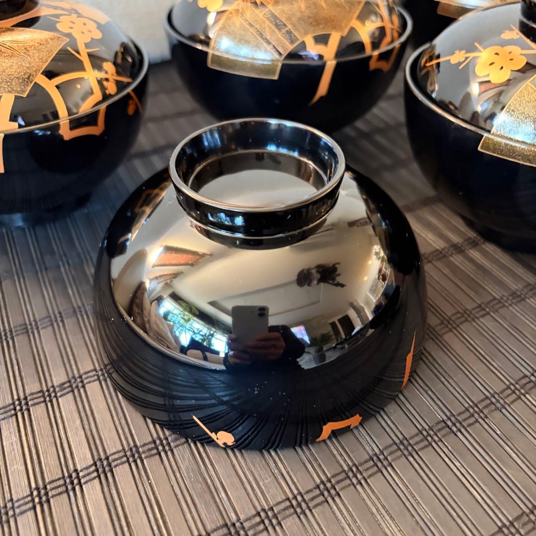 【未使用保管品】輪島塗 【天然木製 本漆塗】金彩蒔絵 松竹梅 吸物椀 5客