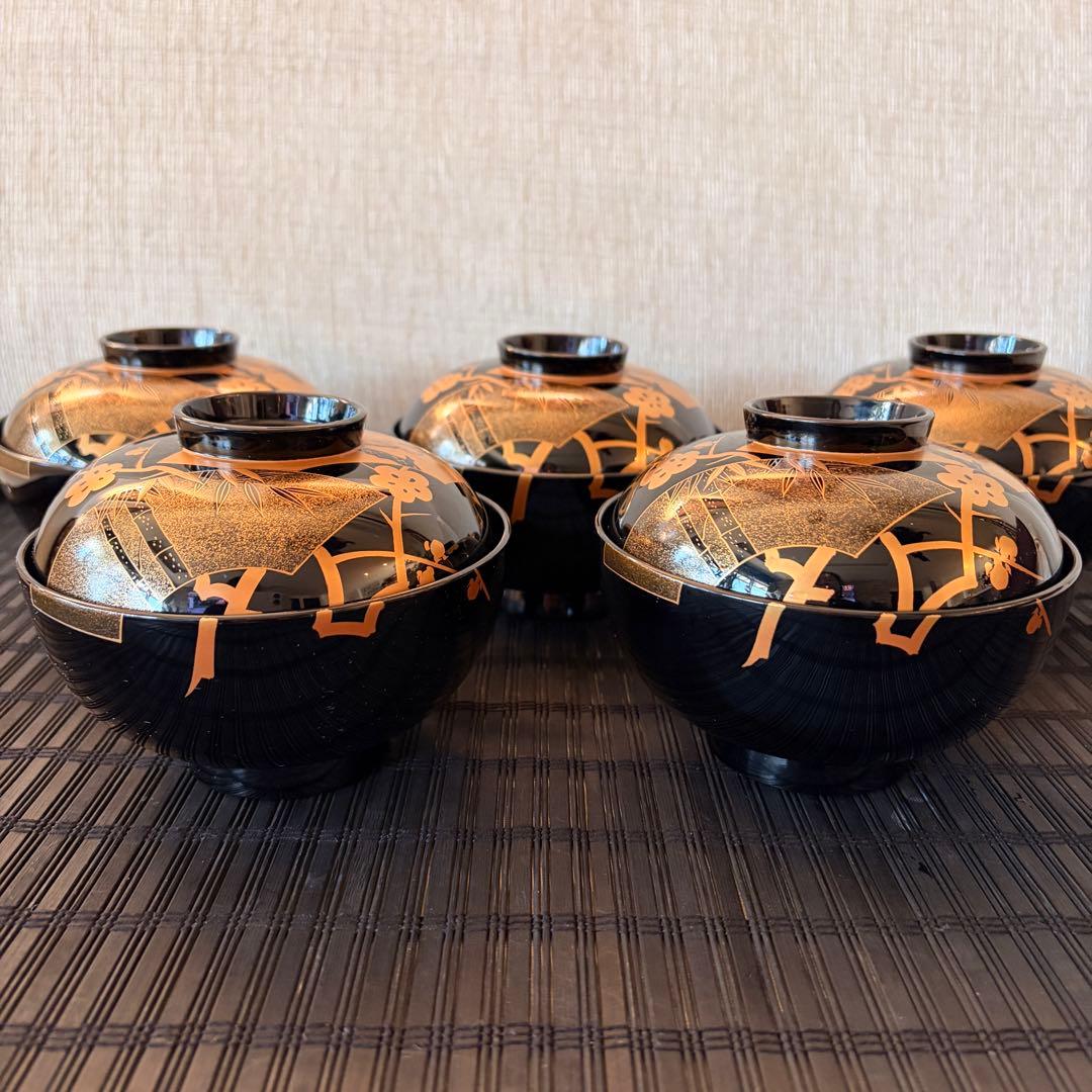 【未使用保管品】輪島塗 【天然木製 本漆塗】金彩蒔絵 松竹梅 吸物椀 5客