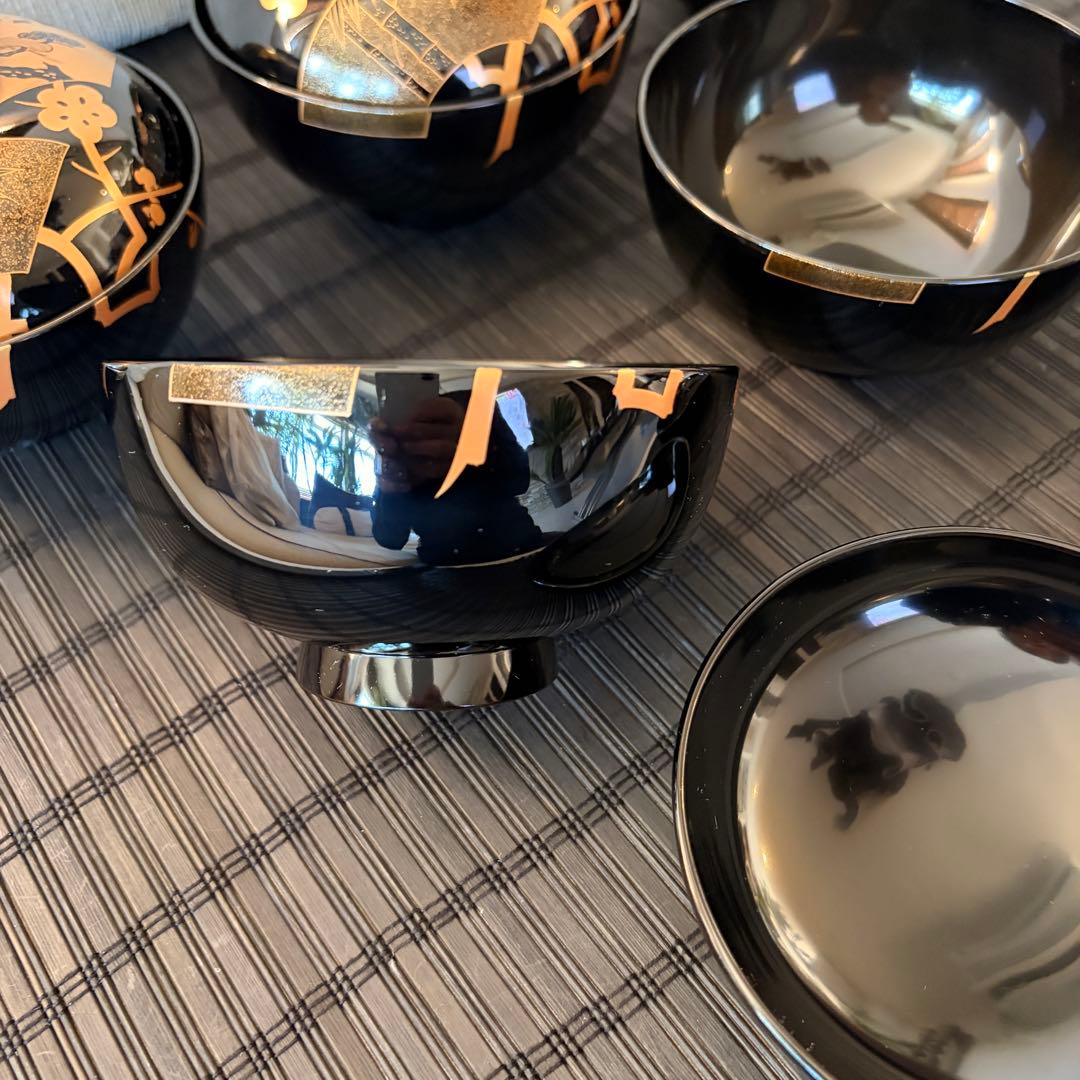 【未使用保管品】輪島塗 【天然木製 本漆塗】金彩蒔絵 松竹梅 吸物椀 5客