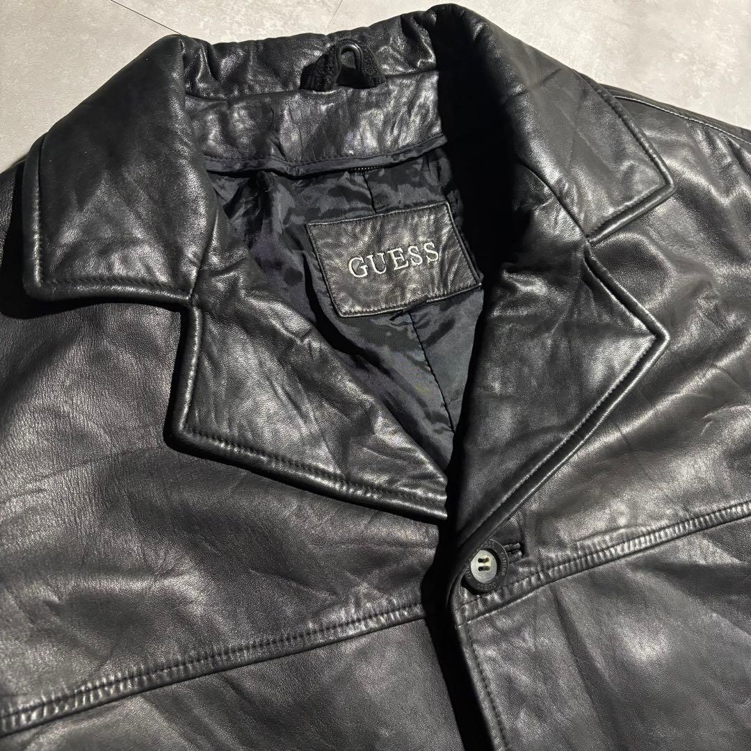 90s - GUESS レザージャケット　革ジャン　レザーカーコート　黒　羊革