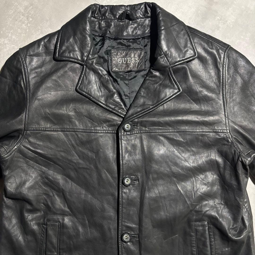 90s - GUESS レザージャケット　革ジャン　レザーカーコート　黒　羊革