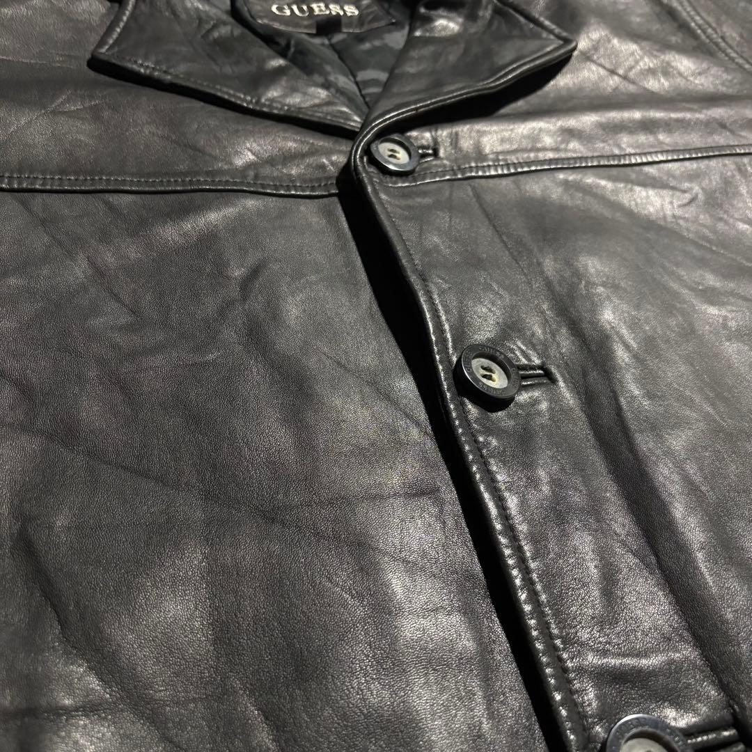 90s - GUESS レザージャケット　革ジャン　レザーカーコート　黒　羊革