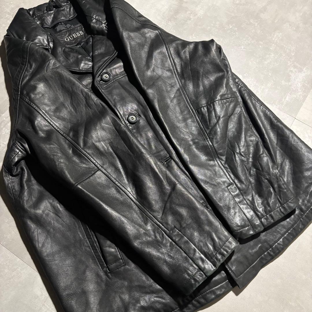90s - GUESS レザージャケット　革ジャン　レザーカーコート　黒　羊革
