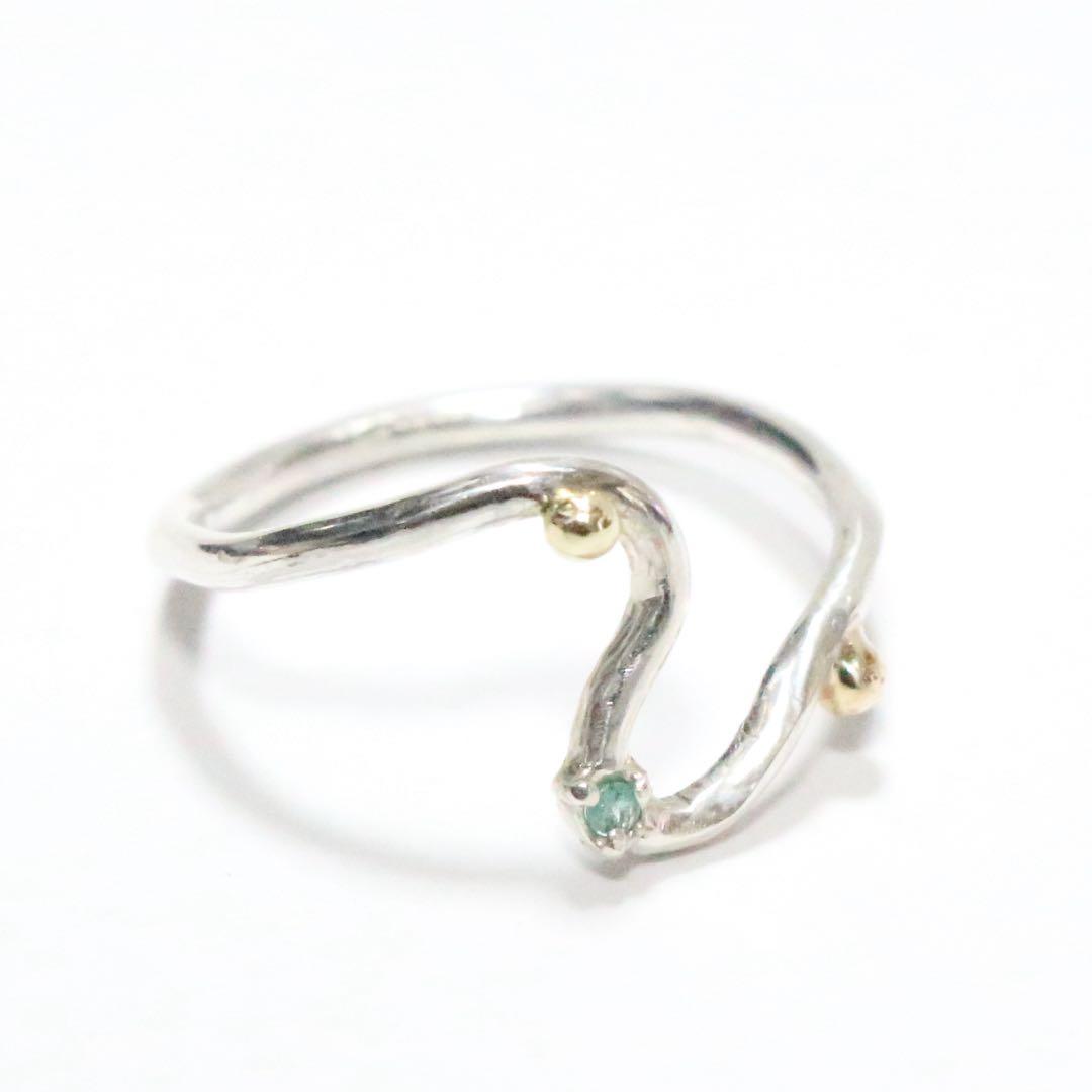 ブラジル産パライバトルマリンとK10粒々無造作曲線デザインシルバーリング10.5