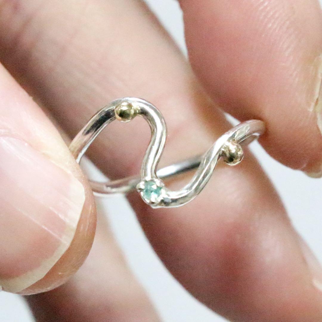 ブラジル産パライバトルマリンとK10粒々無造作曲線デザインシルバーリング10.5