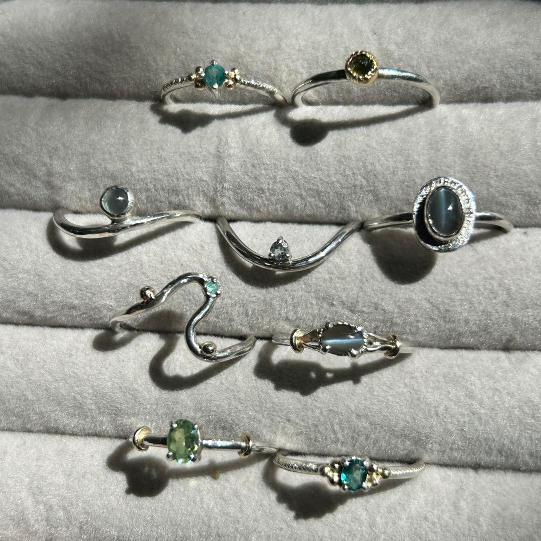 ブラジル産パライバトルマリンとK10粒々無造作曲線デザインシルバーリング10.5