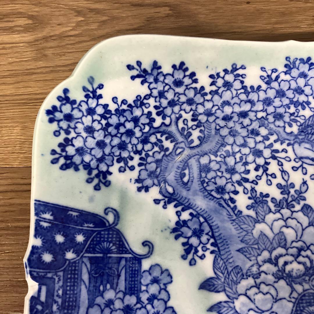 D-5 染付 角皿 藍色 和柄 桜 御所車 花鳥図 菓子皿 取皿 レトロ 陶器