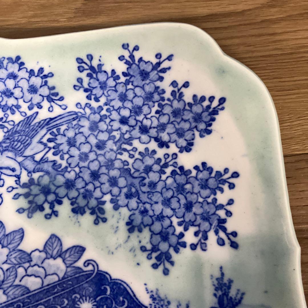 D-5 染付 角皿 藍色 和柄 桜 御所車 花鳥図 菓子皿 取皿 レトロ 陶器