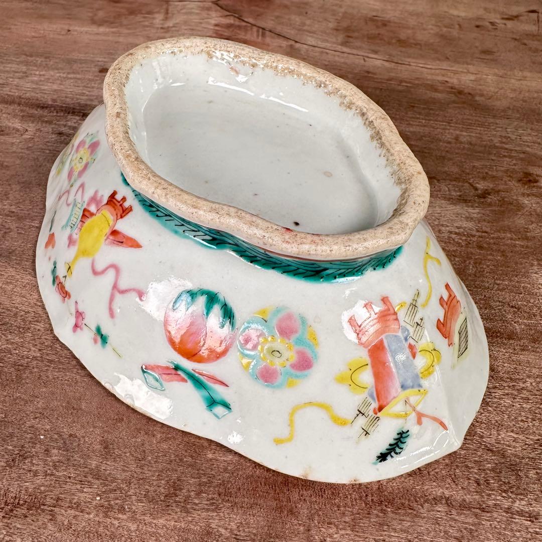 希少　粉彩　五彩花丸文　高台皿　変形鉢　清朝期　中国古玩　中国美術　骨董品