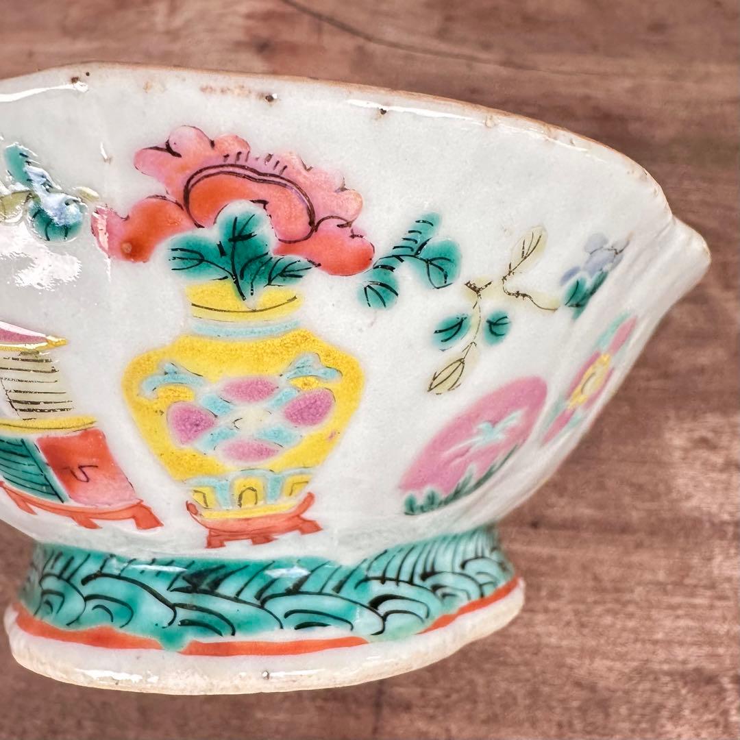 希少　粉彩　五彩花丸文　高台皿　変形鉢　清朝期　中国古玩　中国美術　骨董品