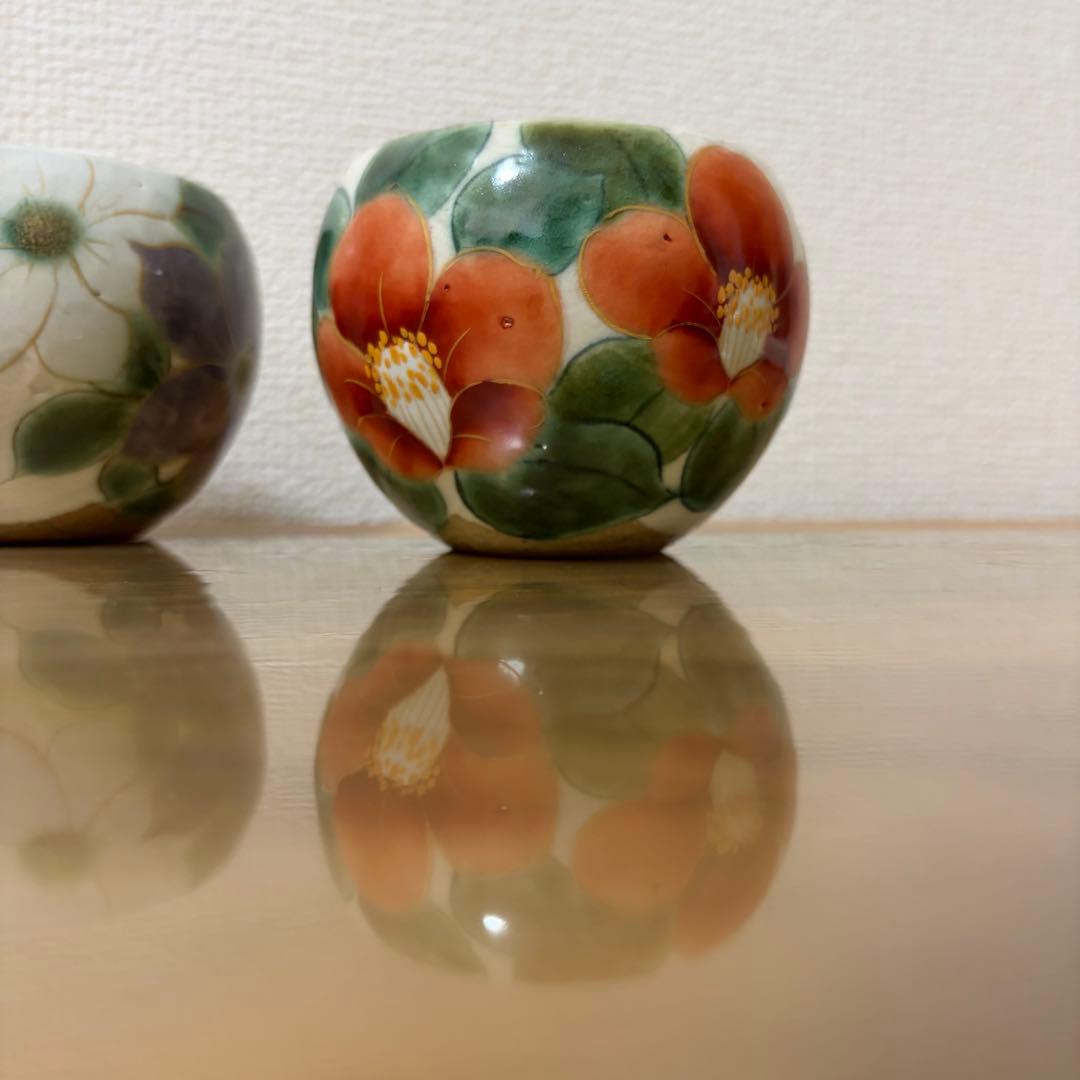 未使用★陶あん　陶葊　花変り(紅椿・鉄線) セット　お茶呑茶碗　湯呑　汲出し碗❶