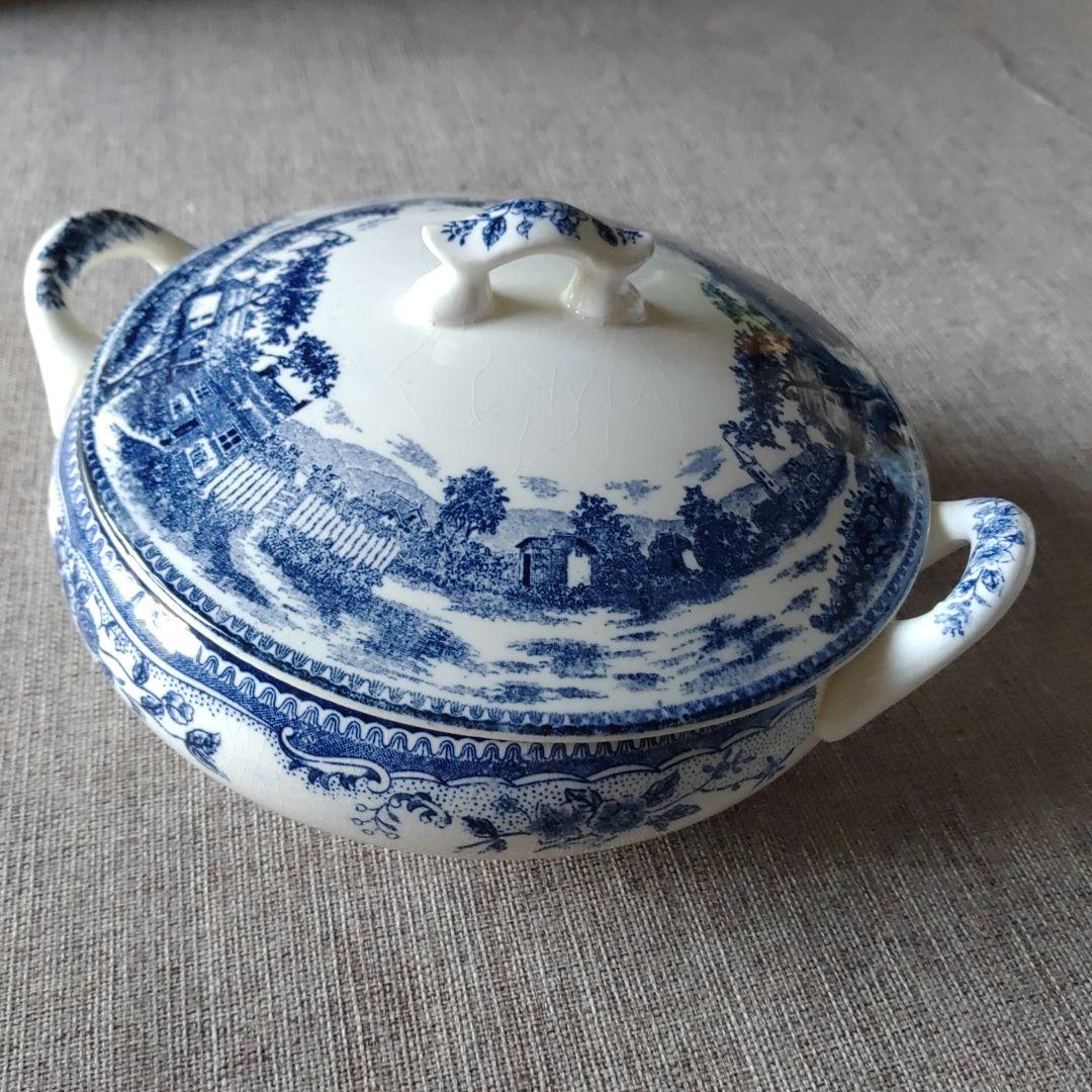 アンティーク雑貨、蓋付き煮物椀 青と白の風景画、昭和レトロ