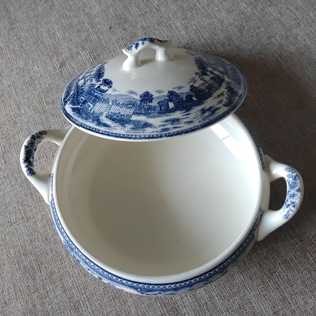 アンティーク雑貨、蓋付き煮物椀 青と白の風景画、昭和レトロ