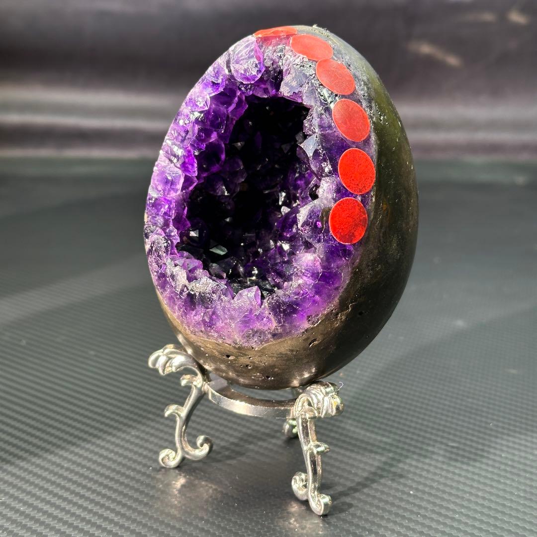 【高品質】天然石 アメジストの龍卵　ドーム　置物G.299