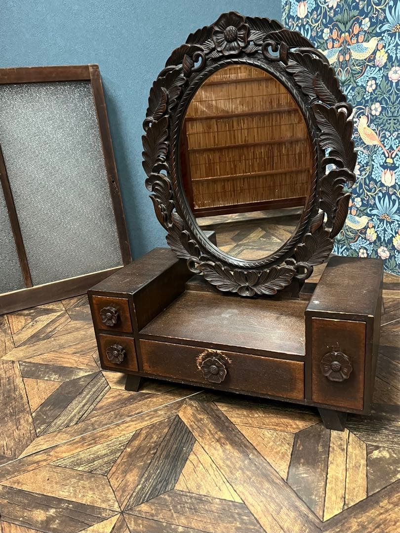ミラー ドレッサー 鏡台 インテリア アンティーク 昭和レトロ 大正ロマン 木彫