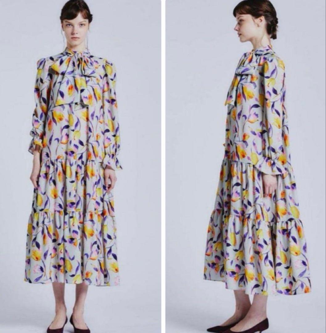 早い者勝ち！SOV！フラワープリント リボン付きロングドレス