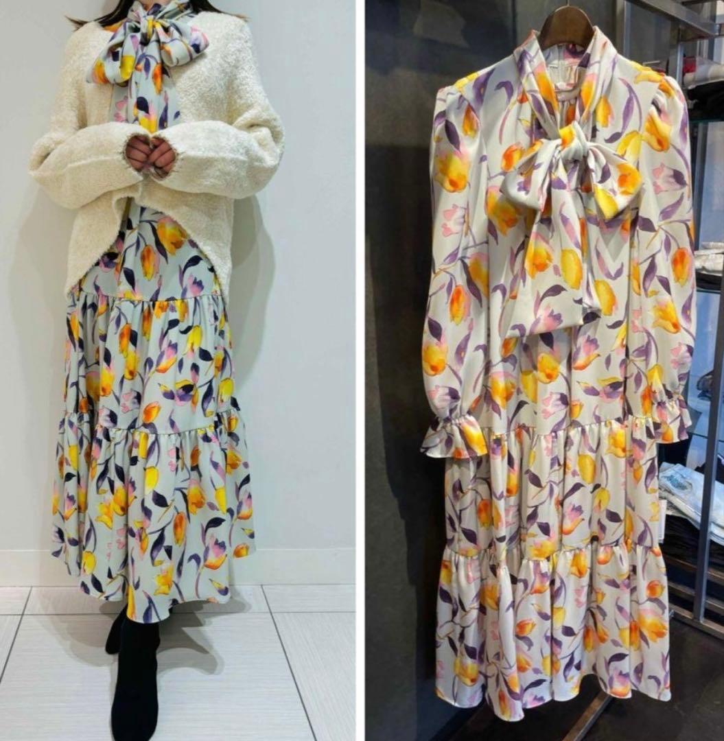 早い者勝ち！SOV！フラワープリント リボン付きロングドレス