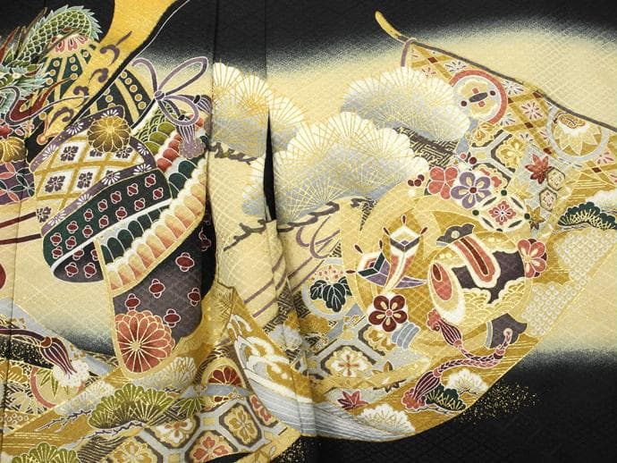 七五三・お祝い着に ◇黒色系　兜◇5歳男の子着物・羽織・袴セット6039【中古】