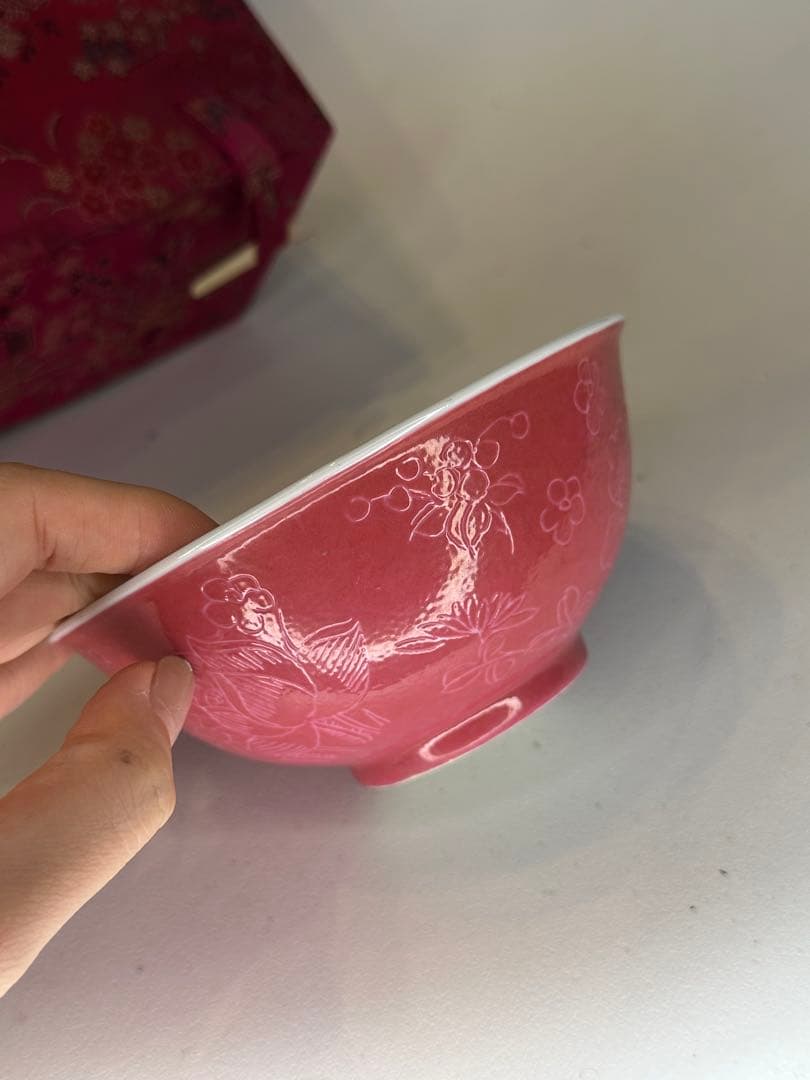 玫紅釉 粉釉 花卉文 碗　荷花・向日葵・牡丹文　中国古美術　時代物　錦箱付