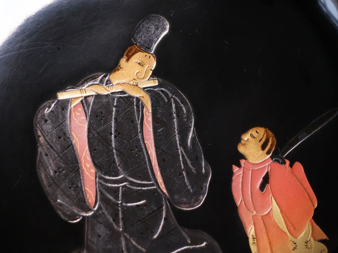 【MB197】輪島塗 天然木漆塗 黒塗椀 五客 蒔絵 大和絵 源氏絵 人物 昭和