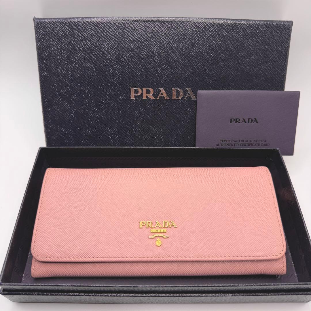 PRADA サフィアーノ 長財布 ピンク ゴールド金具 箱・カード付 メタル