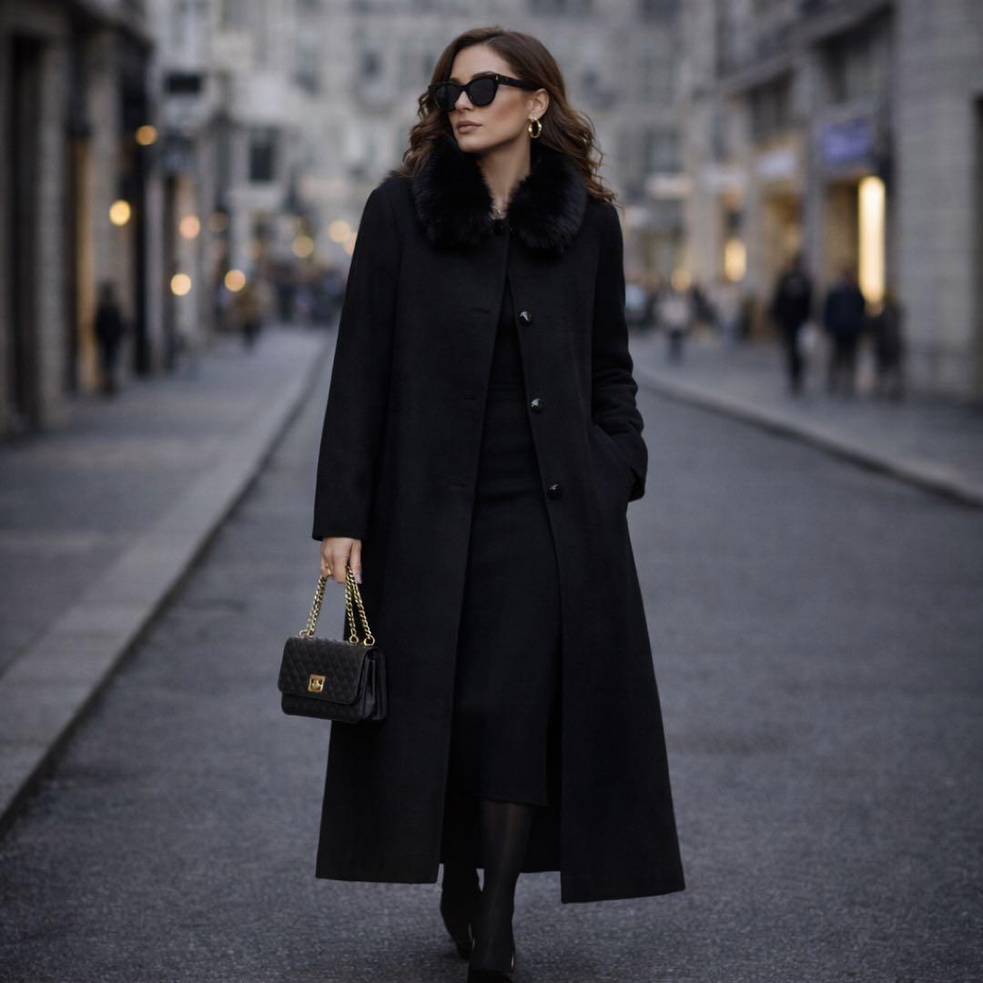 2way カシミヤ100％ ブルーフォックスファー マキシ丈 ロングコート 黒