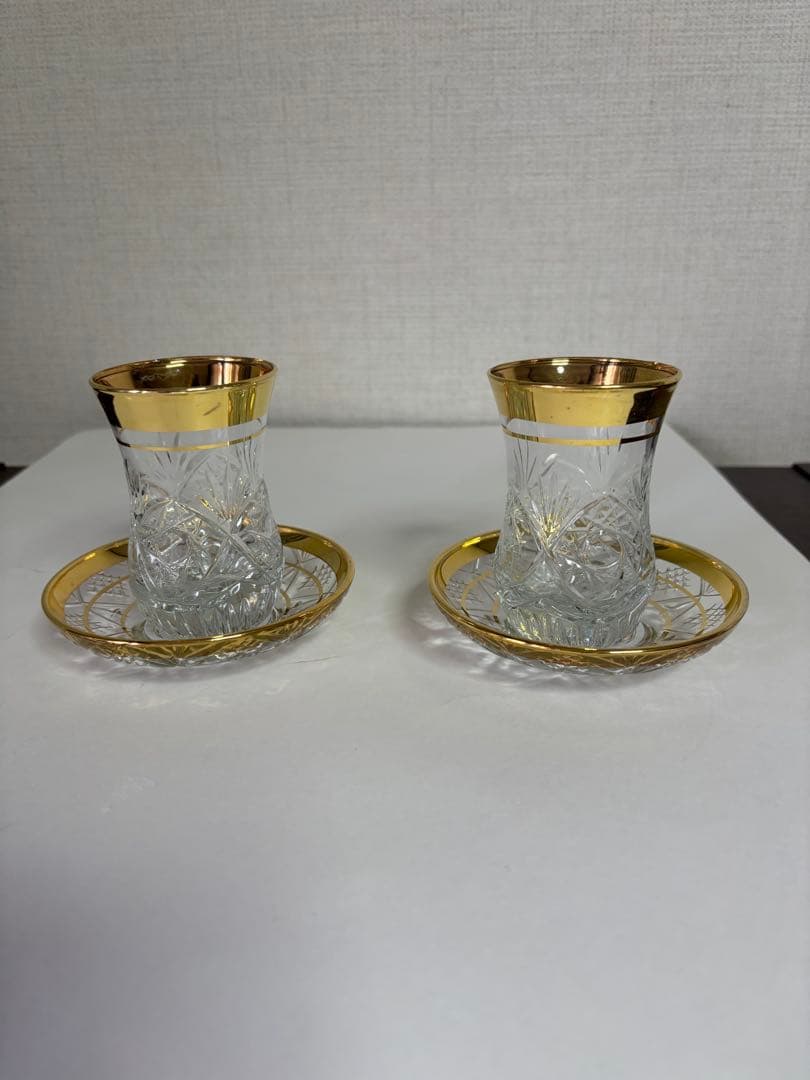 トルコ製24金メッキ縁取り　手作り カットグラスとソーサー6客 ビンテージ