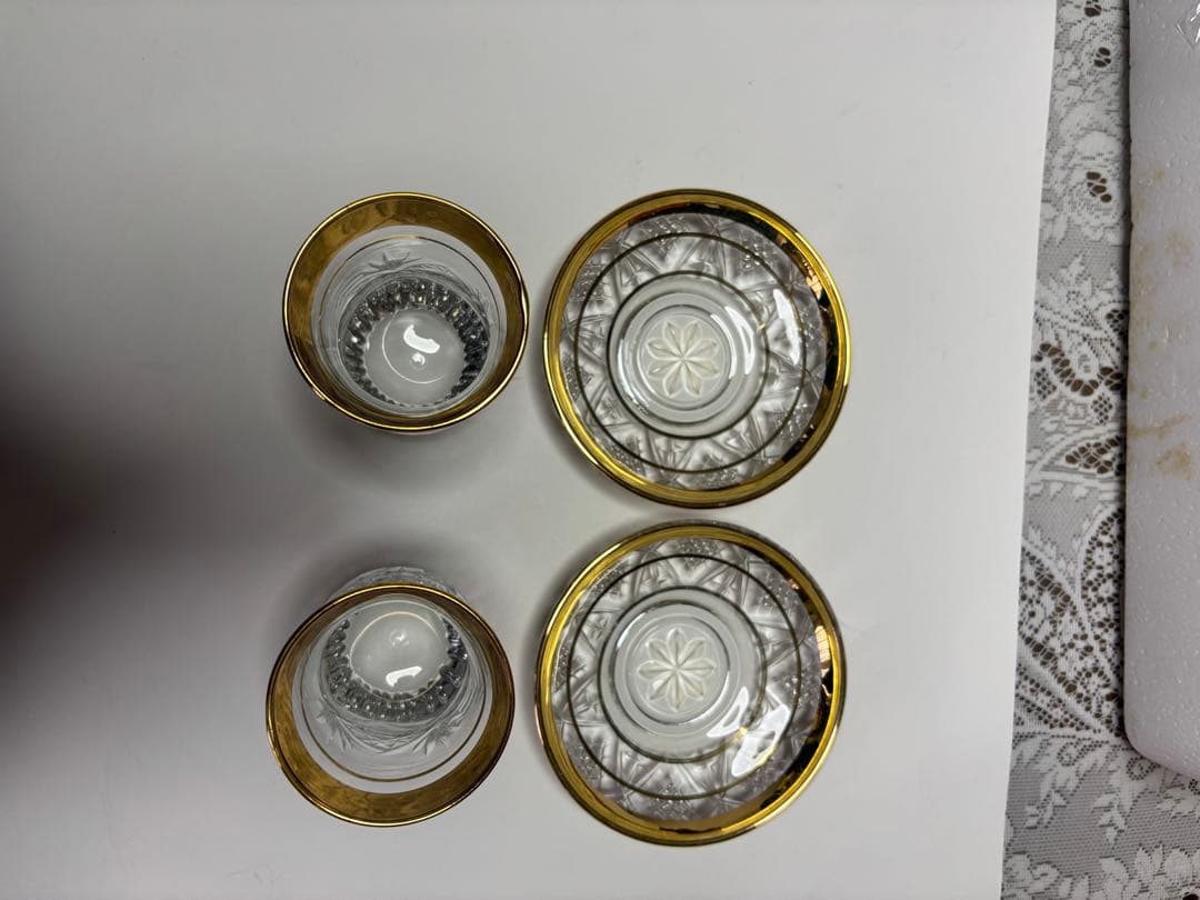 トルコ製24金メッキ縁取り　手作り カットグラスとソーサー6客 ビンテージ