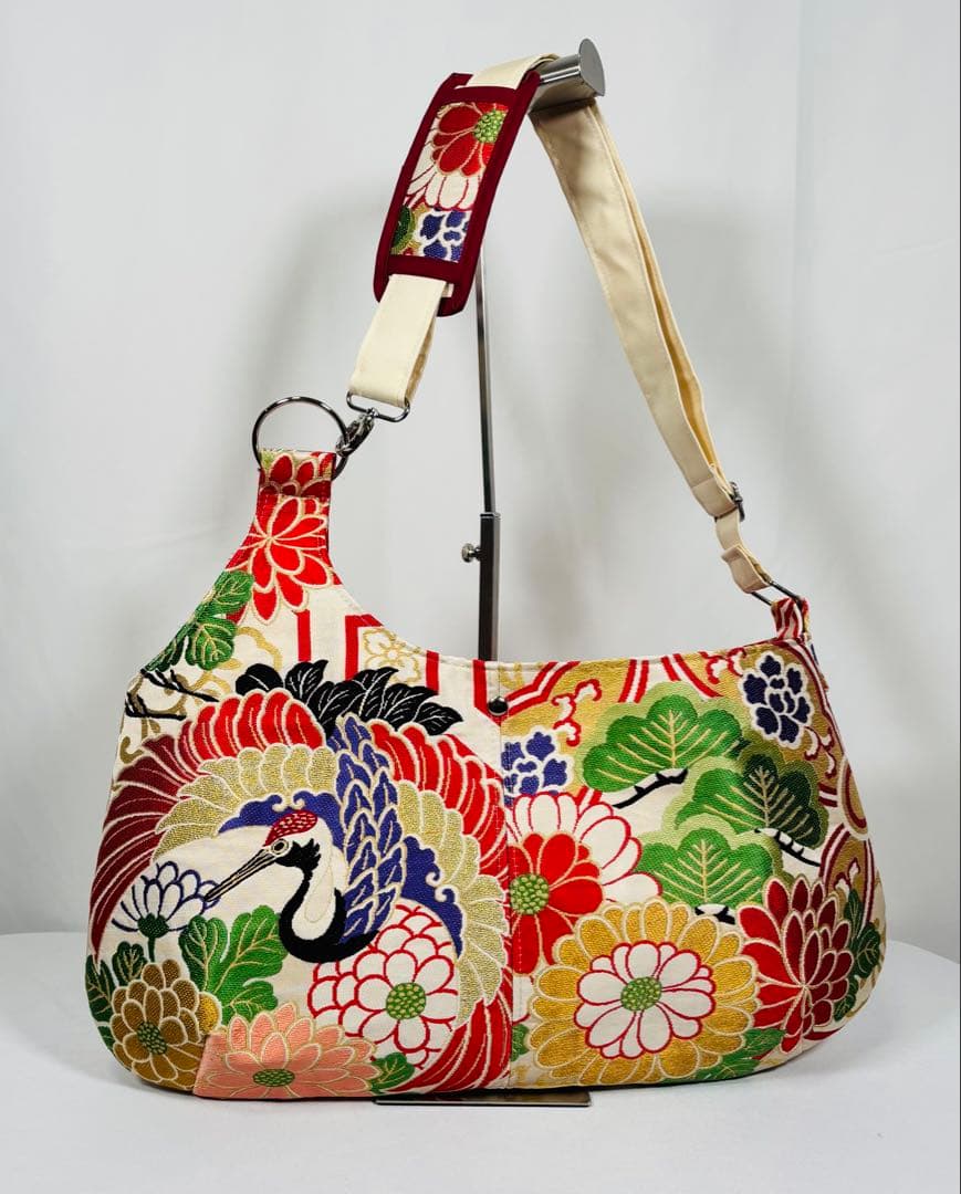 帯バッグリメイク　771番アシンメトリーBIGリバーシブル(肩あて飾り付き)