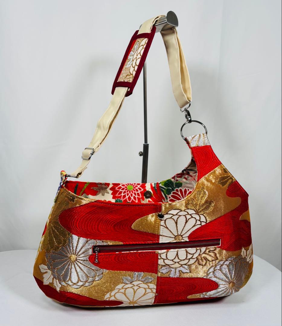 帯バッグリメイク　771番アシンメトリーBIGリバーシブル(肩あて飾り付き)