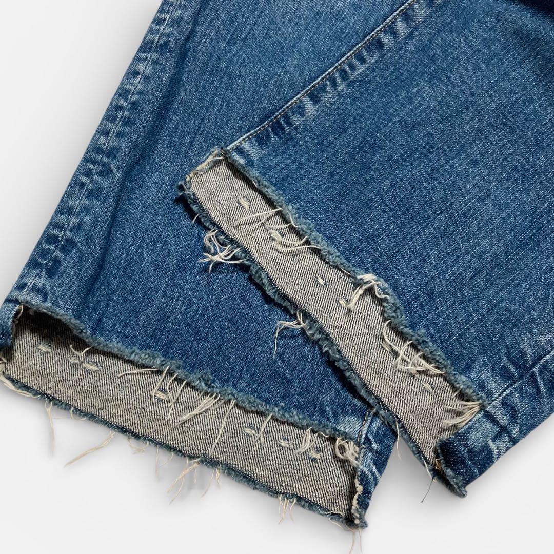 現行★45R ライ麦デニムのクロスオーバーパンツ 淡 革パッチ カットオフ 28