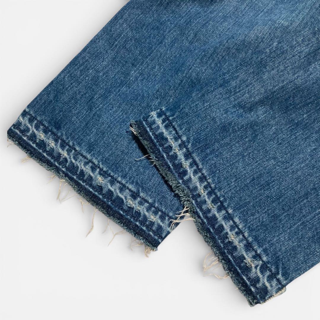 現行★45R ライ麦デニムのクロスオーバーパンツ 淡 革パッチ カットオフ 28