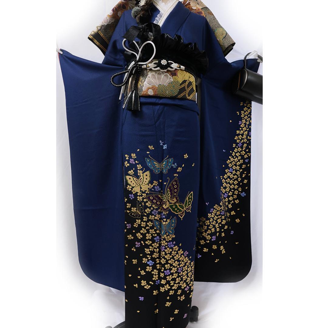 蝶柄◆166cm振袖7点セット ◆フルセットネイビー系成人式紺色前撮りSf04