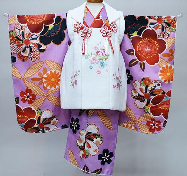 七五三 三歳 女児 被布着物フルセット 藤色×白色 お仕立て無料 NO34380