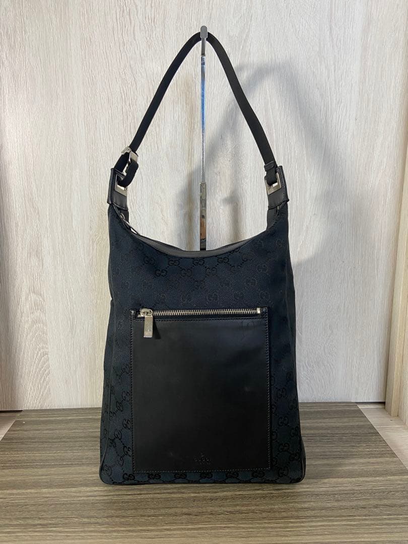 GUCCI トートバッグ　GG柄　キャンバス　レザー　黒　肩掛け　ワンショルダー