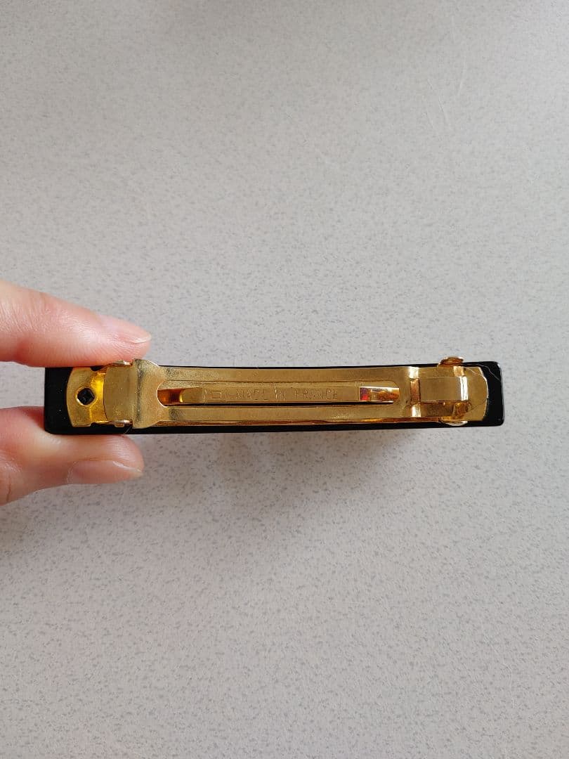 アレクサンドルドゥパリ パール付きバレッタ黒　8センチ