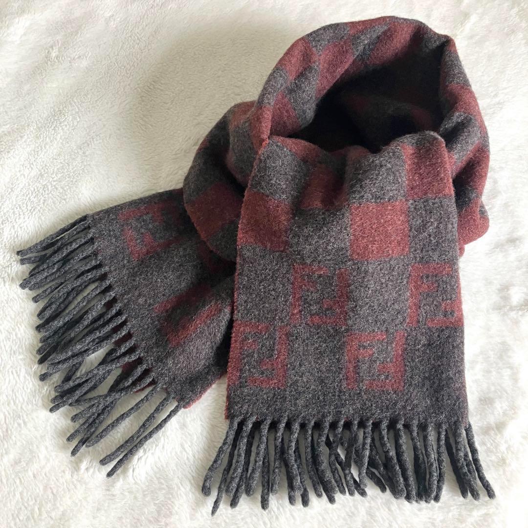 フェンディ ウール100% ズッカ スクエア柄 マフラー グレー×レッドブラウン