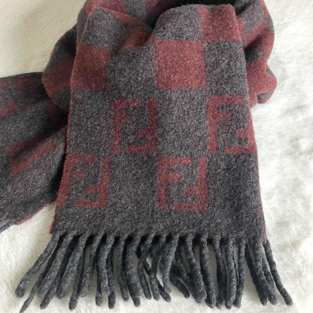 フェンディ ウール100% ズッカ スクエア柄 マフラー グレー×レッドブラウン