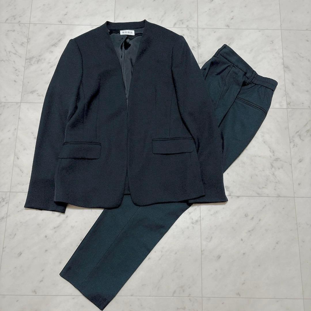 PLST パンツスーツセットアップ ノーカラージャケット ブラック Lサイズ