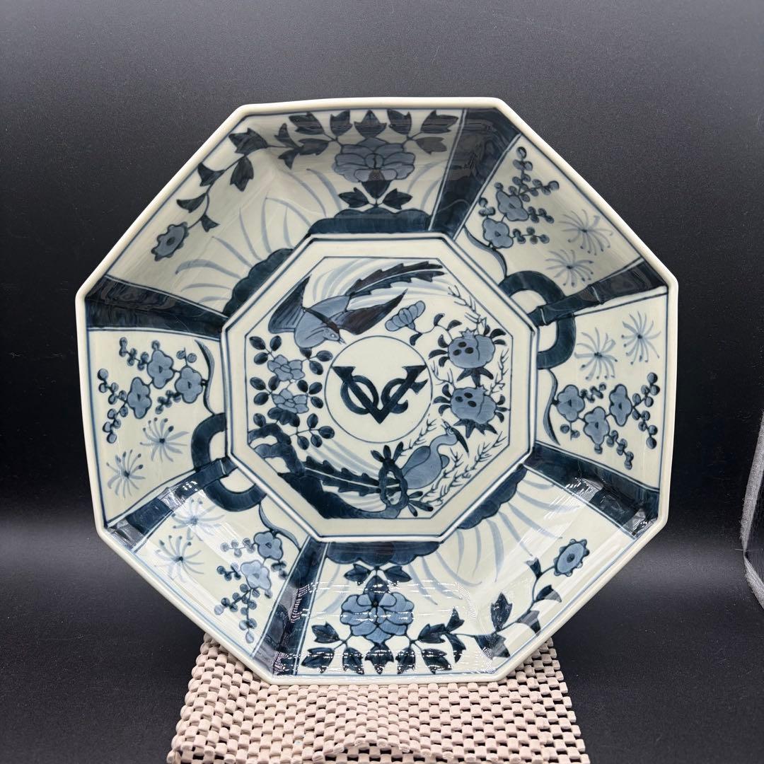 未使用 林九郎 古染四方割 八角鉢 有田焼 VOC紋