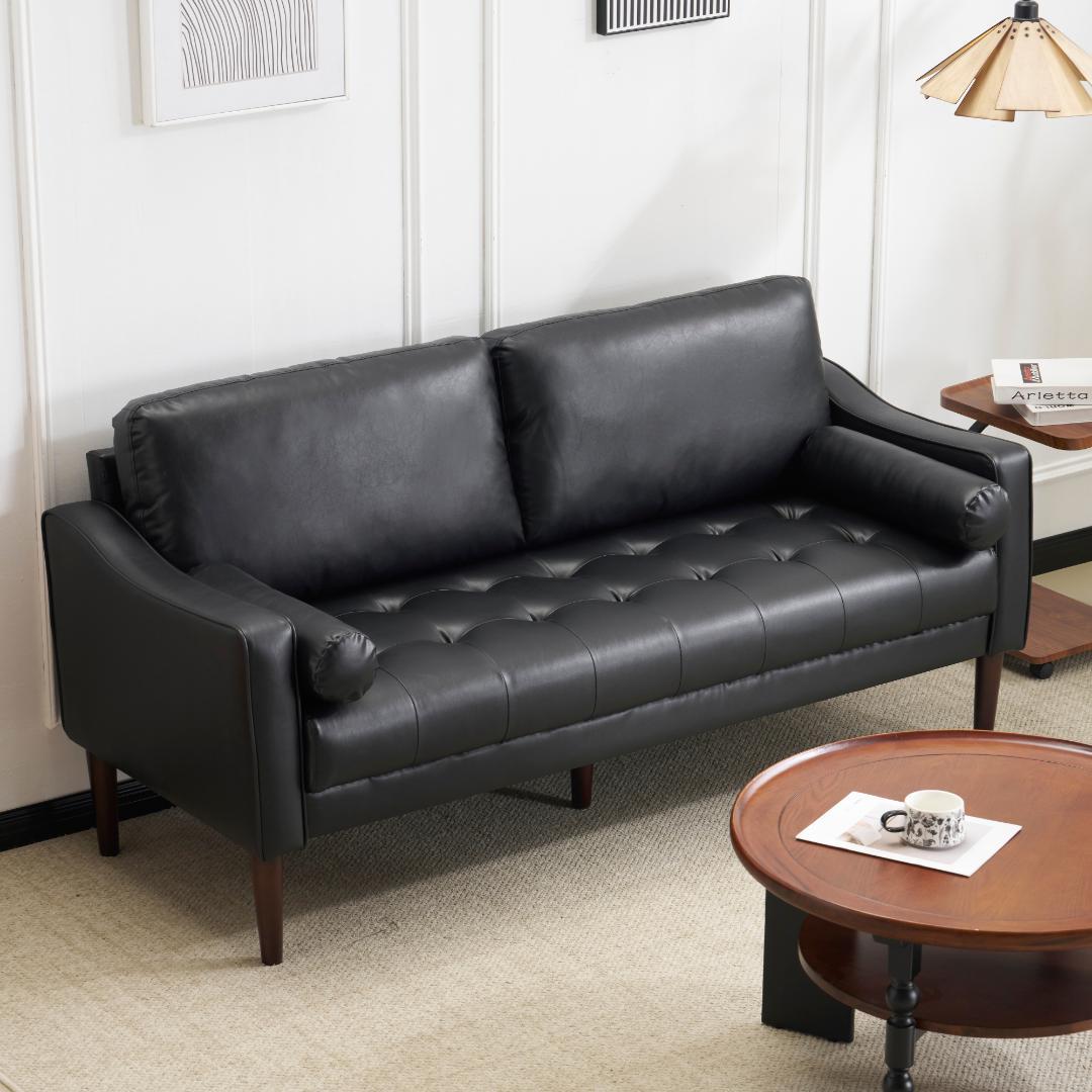 ソファー 3人掛け おしゃれ PUレザー 北欧風 リビングソファ (ブラック)