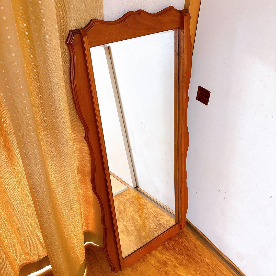 アンティーク サンミラー 木製フレーム 壁掛け鏡 ウォールミラー 姿見 等身鏡
