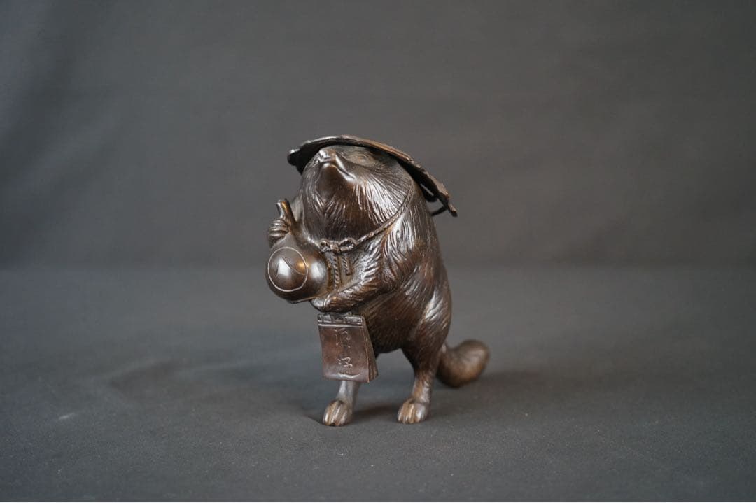 竹仙 銘 銅製 瓢箪持ち狸 置物 重さ約2kg 金属 美術 芸術 工芸品 飾り