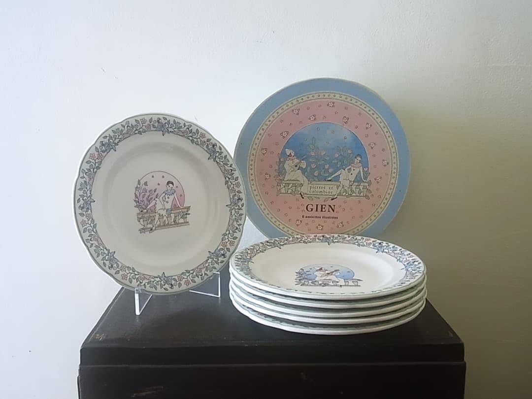 未使用・箱入　フランス　GIEN　ジアン　ピエロとコロンビーヌ　プレート６枚