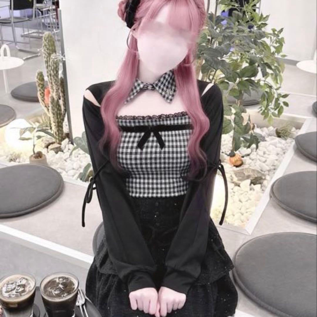 honey mew リボンスリットギンガムアンサンブルトップス ブラック